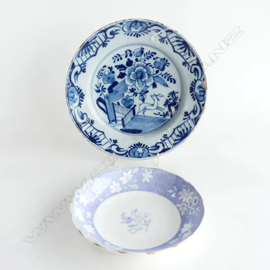 2 ANTIQUE PORCELAIN; ROCKINGHAM DISH (D.175mm) C.1830 & DELFT, BRISTOL (?) (D.227mm) some chipping C. 1730 