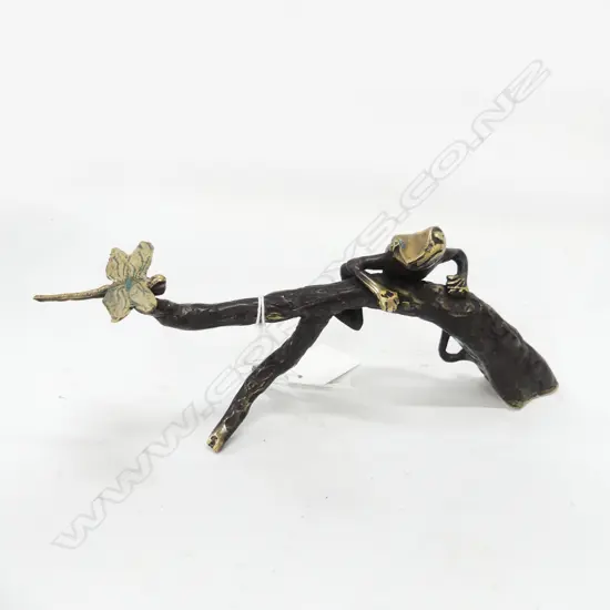 BRONZE FROG & DRAGONFLY ON A BRANCH L. 230MM