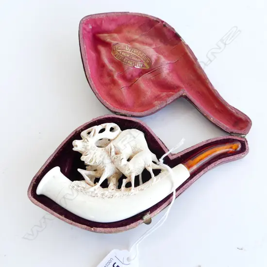 MEERSCHAUM & AMBER CARVED PIPE, ROARING STAG & BABY IN LEATHER CASE BY E. KOCK GERM. REAL MEERSCHAUM REAL AMBER L.160mm