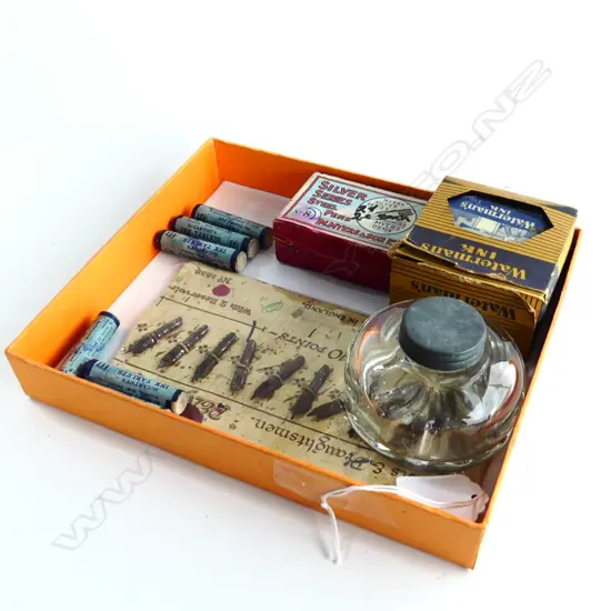 BOX OF PEN ACCESSORIES – INKWELL, WATERMAN’S INK, FOUNTAIN PEN NIBS, DRAUGHTMANS NIBS, McCARTHY’S INK TABLETS