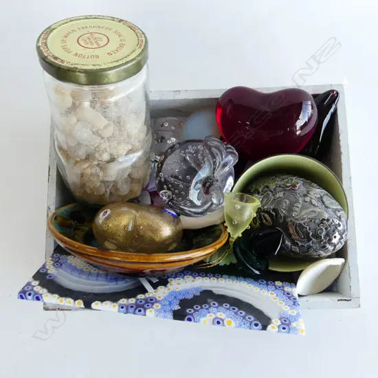 ART GLASS HEARTS, JAR OF FRANKENSE GUM ETC