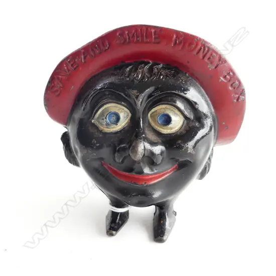'SAVE AND SMILE' CAST IRON MONEY BOX - RED BONNET...