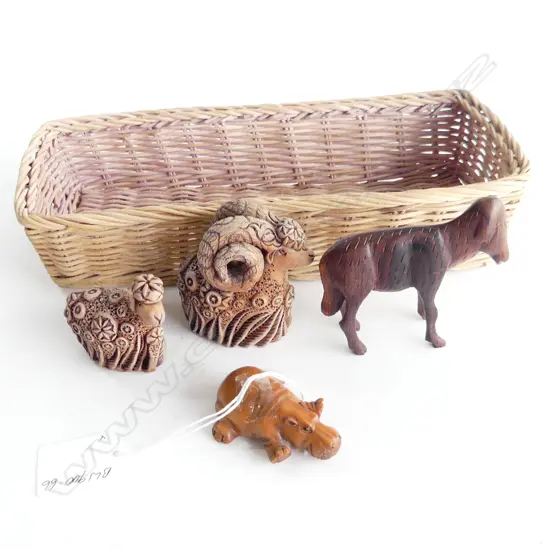 CARVED WOOD JAPANESE HIPPO NETSUKE + 3 SMALL ANIMALS