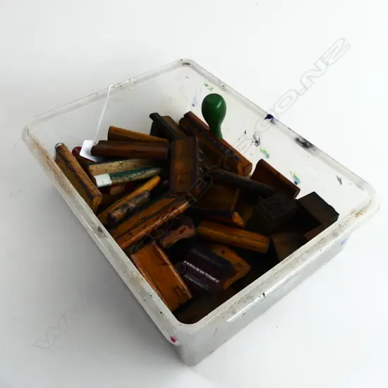 57 OLD WOODEN OFFICE STAMPS – VARIOUS WORDS & LETTERS