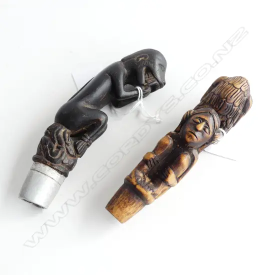 2 CARVED BETEL NUT CRUSHER HANDLES. 1 CARVED HORN animal figure + crouching w bird