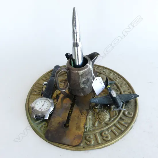 OLD SAFE  BRASS FIRE PLATE ETC: bullet bottle opener + plane + Grand Hotel jug + swatch watch + gauge