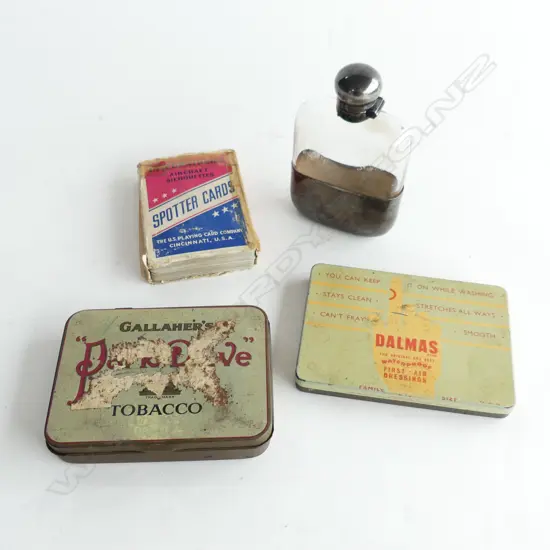 FOUR ITEMS, TWO OLD TINS WWII SPOTTERCARDS & S/PLATED HIP FLASK, 110mm