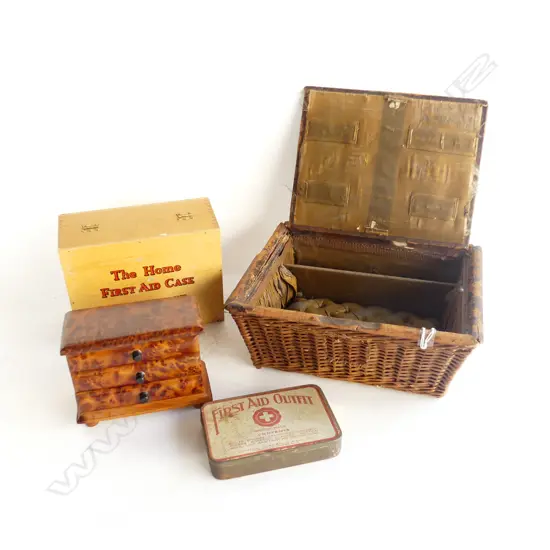 COLLECTION OF ANTIQUE & VINTAGE BOXES; FIRST AID TIN & BOX + 2 OTHER