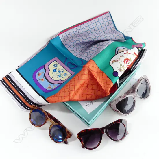 BOXED SILK SCARF + 3 PRS TORTOISESHELL STYLE SUNGLASSES; 