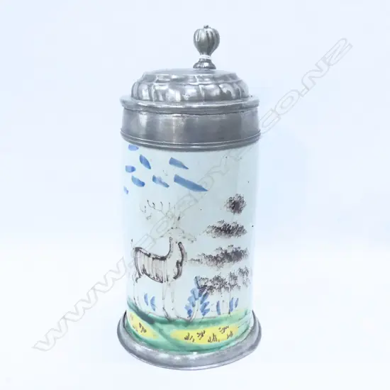 19thC TANKARD - PEWTER LID - PAINTED STAG H.235mm