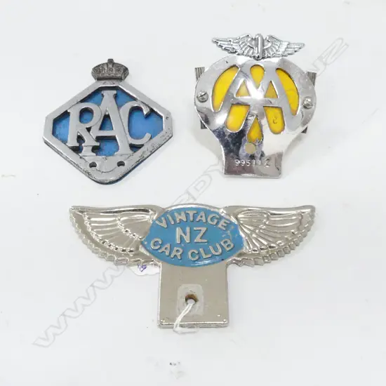 3 VINTAGE CAR BADGES; AA, RAC & VINTAGE NZ CAR CLUB W.145mm