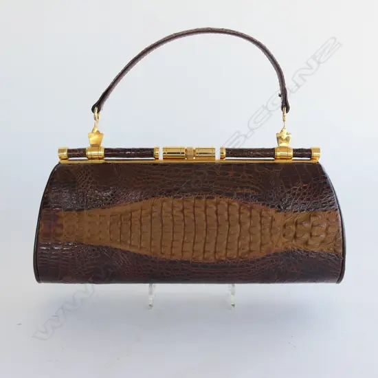 VINTAGE CROCODILE SKIN HANDBAG gilt fittings leather lined L.270mm