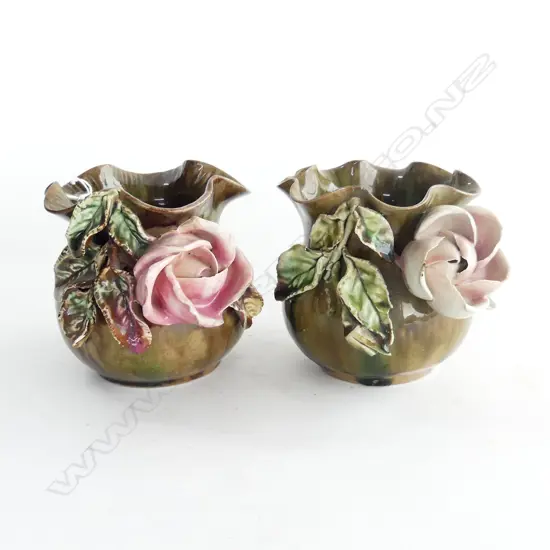 PR MAJOLICA VASE WITH APPLIED FLORAL DECORATION, ATTRIB. MILTON H.105MM