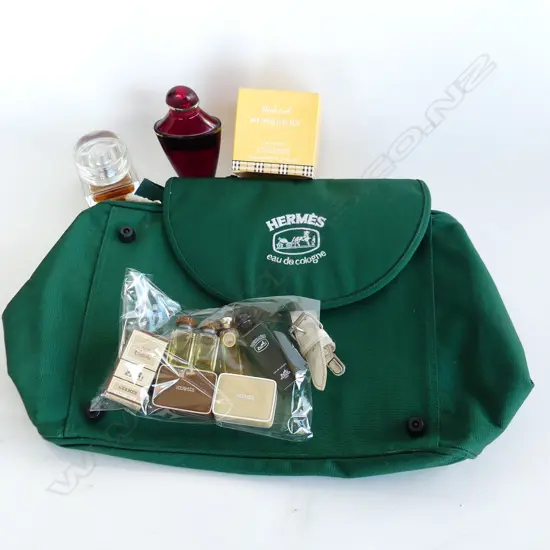 HERMES GREEN CANVAS BAG, PERFUME BOTTLES (BURBERRY, GUCCI ETC)