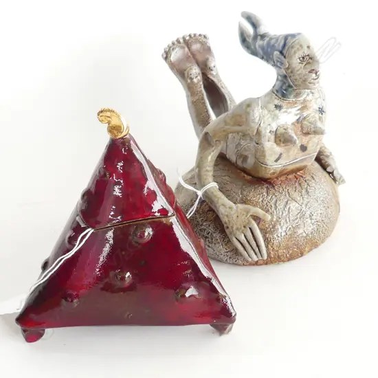 NICKY JOLLY POTTERY; SALT GLAZE MERMAID (AF) (L190MM) & TRIANGULAR LIDDED JAR  (H150MM)