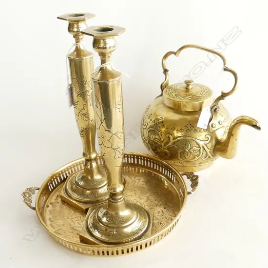 FOUR OLD CHINESE BRASS ITEMS, PR CANDLESTICKS, H. 290mm; TEAPOT, H.200mm & TRAY, DIA.240mm