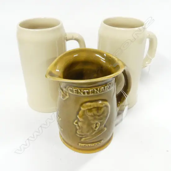 MELBOURNE CENTENARY WADE JUG H160MM &2 STONEWARE STIENS H200MM
