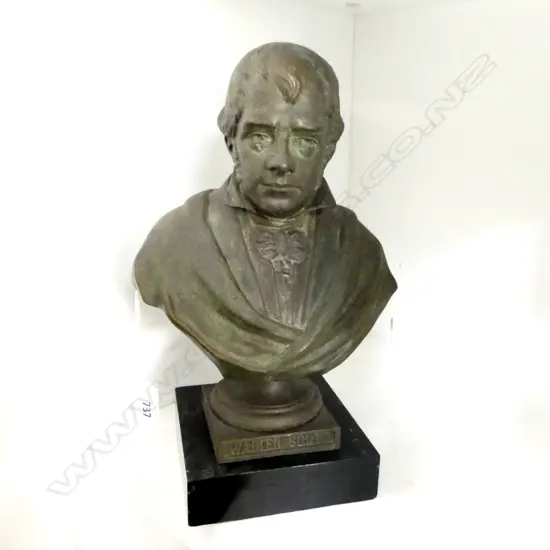 BRONZED METAL BUST OF WALTER SCOTT ON EBONISED SQUARE STAND H.280mm