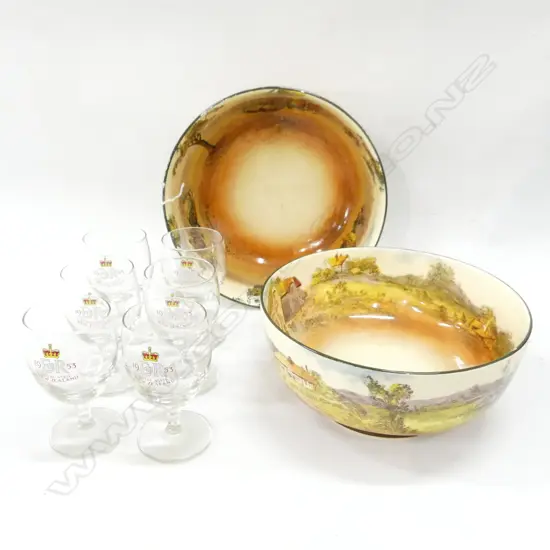 2 ROYAL DOULTON BOWLS 235mm dia + 6 ER 1953 GLASSES H.105mm