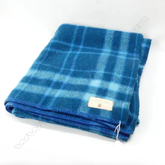 ONEHUNGA BLUE CHECK WOOLLEN BLANKET; TIKI LABEL