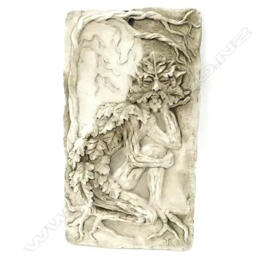 CONCRETE GARDEN GREEN MAN PLAQUE. METAMORPHIC FIGURE AS TREE. W. 200mm H. 450mm