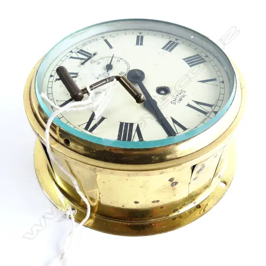 SMITHS ANTIQUE BRASS SHIPS CLOCK ORIGINAL KEY, WORKING, GREAT BRITAIN D. 185MM