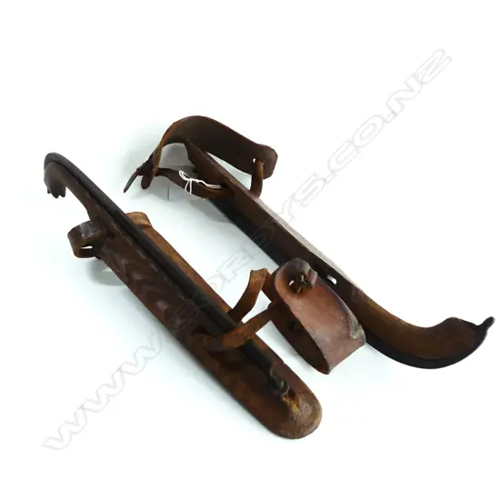 PAIR OF EUROPEAN WOODEN, STEEL & LEATHER ICE SKATES L. 320mm