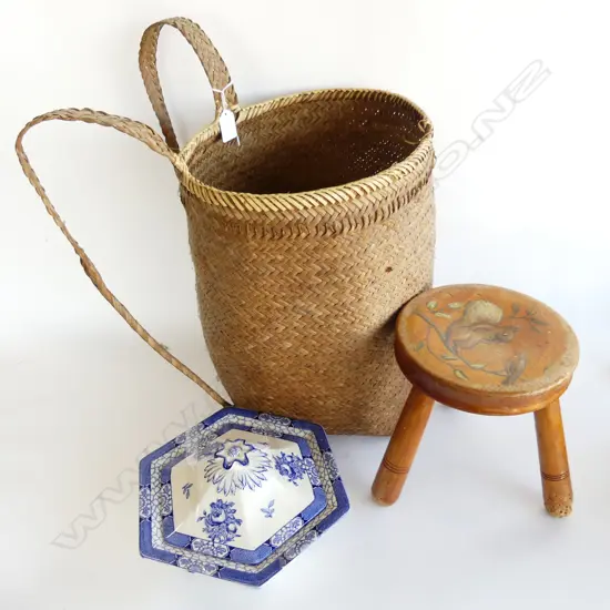 WOVEN CANE BACKPACK & VINTAGE PAINTED STOOL + B&W LIDDED TUREEN