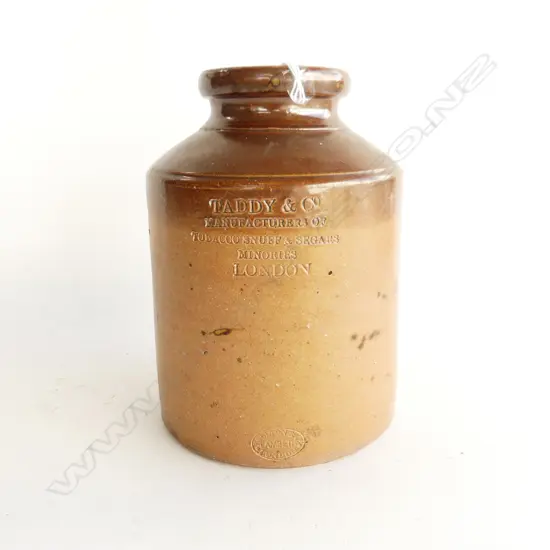 DOULTON STONEWARE CROCK 'TADDY & CO, MANUFACTURERS OF TOBACCO SNUFF & SEGARS MINORIES LONDON' H. 220MM