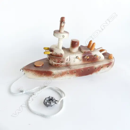 VINTAGE TOY WOODEN BATTLESHIP  L. 360MM