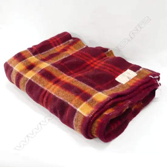 ONEHUNGA RED CHECK WOOLLEN BLANKET; TIKI LABEL