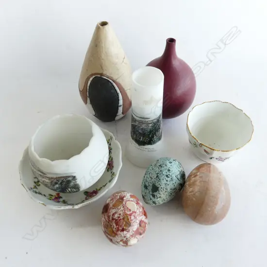 8 ASST. PCES; 2 STUDIO POTTERY VASES; RICK RUDD + OTHER (REPAIR), 3 STONE EGGS, C/S AF, 2 GRAFTON BRIDGE GLASS SOUVENIRS