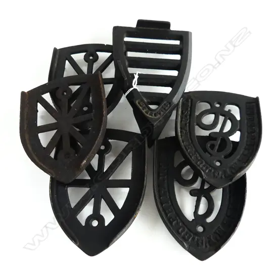 SIX ANTIQUE CAST IRON TRIVETS FOR IRONS – ENTERPRISE, KENRICK & SALTER L. 155MM – 190MM