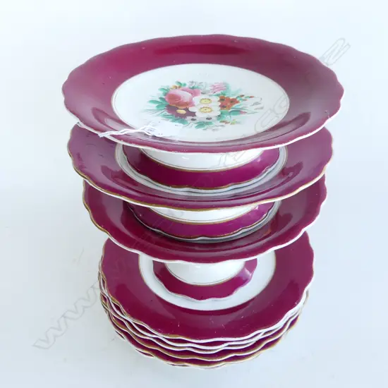 9 PCE VICTORIAN DESSERT SET; 6 PLATES, 3 COMPORTS, MAROON BORDER 225mm dia