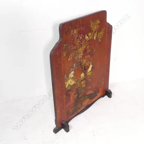 HANDPAINTED & SIGNED LEATHER & WOOD SCREEN