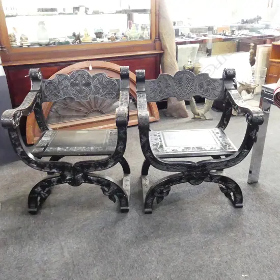 PR EBONISED CARVED WOODEN SPANISH STYLE MASONIC THRONE X CHAIRS 680x590x850mm