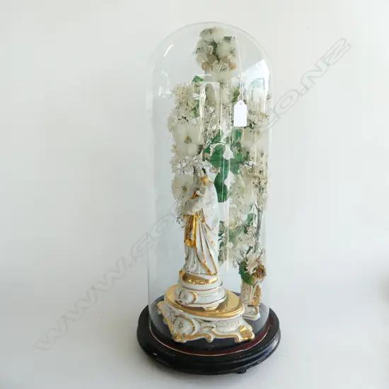 ANTIQUE WEDDING DOMES w. FIGURE & WHITE FAUX FLOWER DISPLAY H.560mm