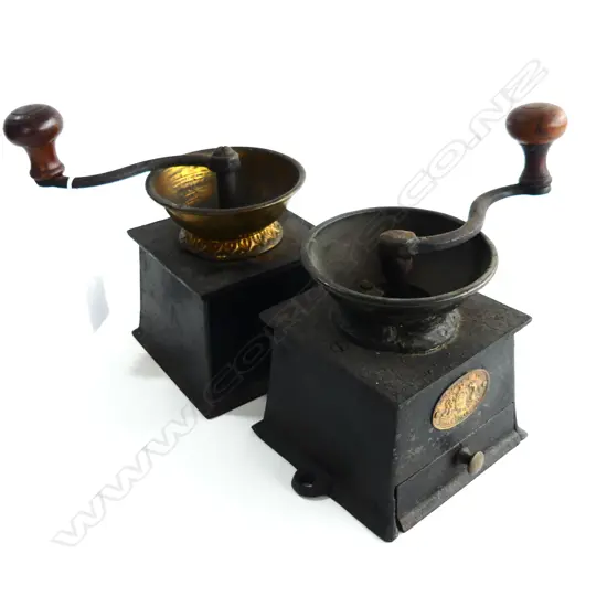 TWO VICTORIAN CAST IRON COFFEE GRINDERS A. KENRICK & SONS PATENT COFFEE MILL BRASS FITTINGS & WOODEN HANDLES H. 170mm