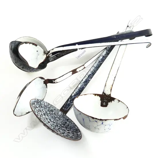 SIX VINTAGE EUROPEAN ENAMEL LADLES & SPOONS L. 350mm