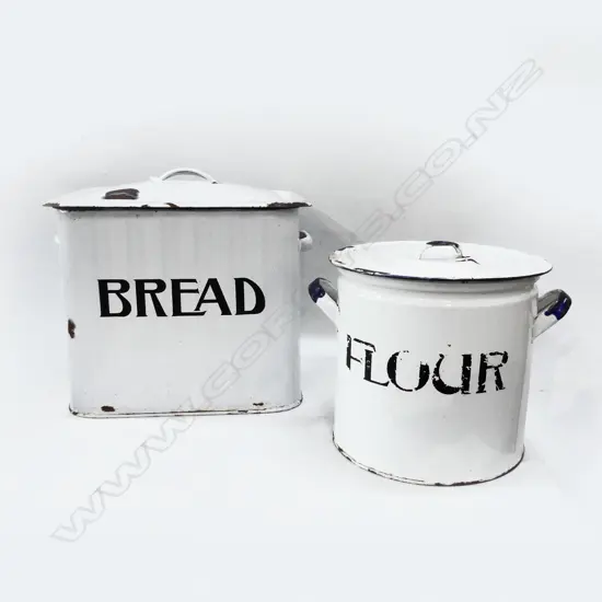 2 VINTAGE WHITE ENAMEL CONTAINERS; BREAD & FLOUR H.270mm