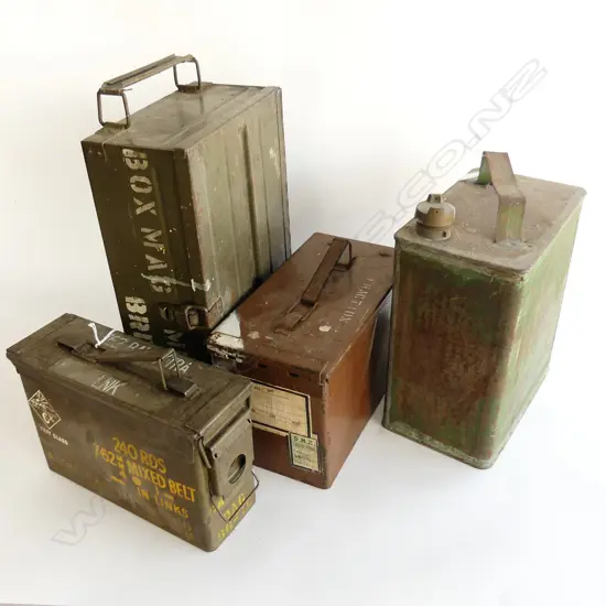 3 VINTAGE AMMUNITION BOXES + GAS CAN H.330mm