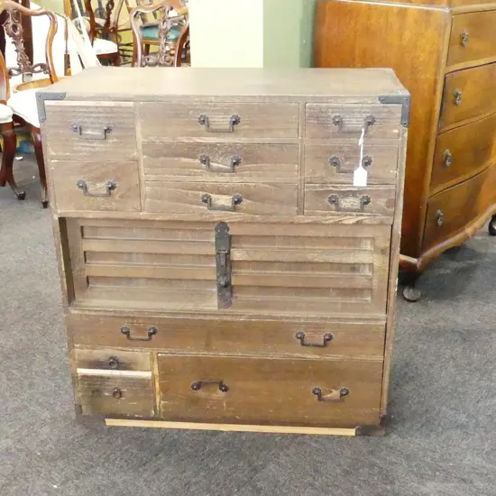 c1850 JAPANESE TANSU CHEST 12 drawers & pr baton doors. Original finish showing some wear. 725 x 355 x 790mm.