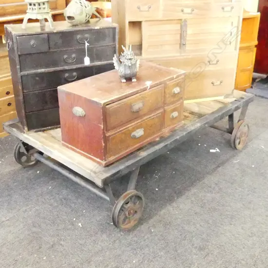 RUSTIC WOOD & IRON COFFEE TABLE ON CASTORS 1440x850x340mm