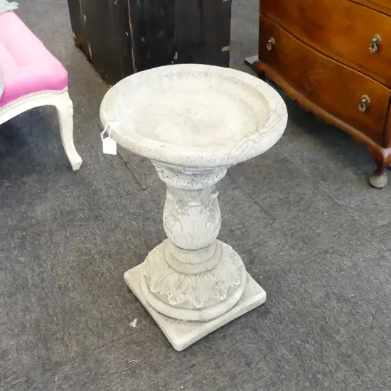 CONCRETE GARDEN ACANTHUS BIRD BATH . WITH ACANTHUS DETAIL. ON SQUARE BASE . H. 570mm