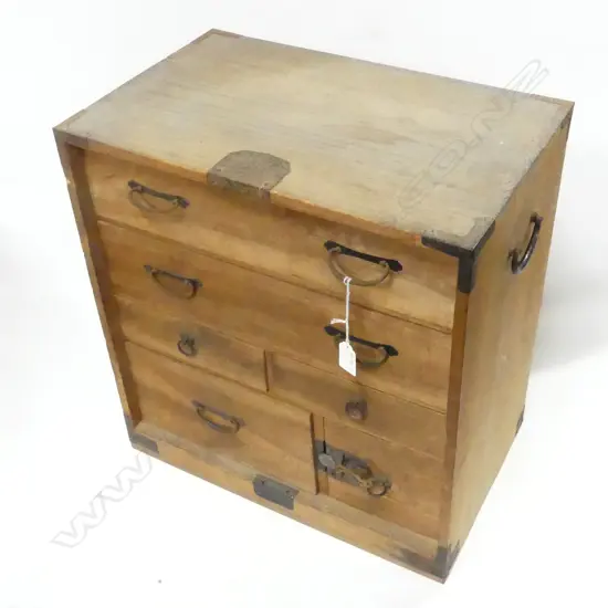 SMALL OLD JAPANESE COLLECTOR'S BEDSIDE CABINET, 1 DOOR, 5 DRAWERS & KEY, H.500mm
