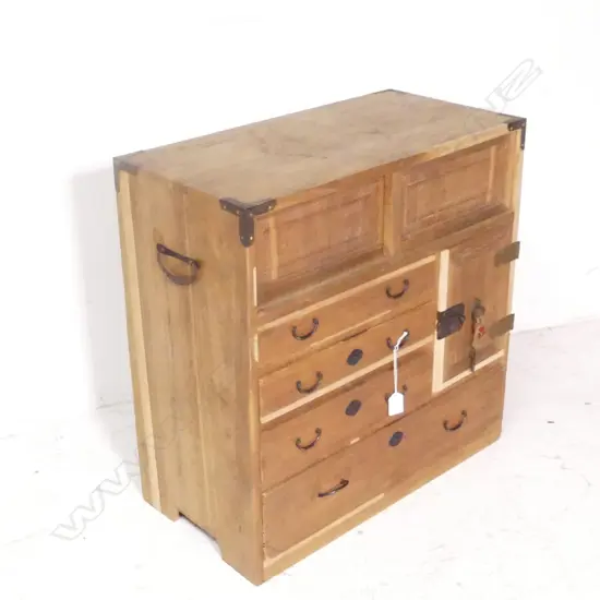 SMALL OLD JAPANESE COLLECTOR'S BEDSIDE CABINET, 2 SLIDING DOORS & 1 DOOR & 4 DRAWERS, H.590mm