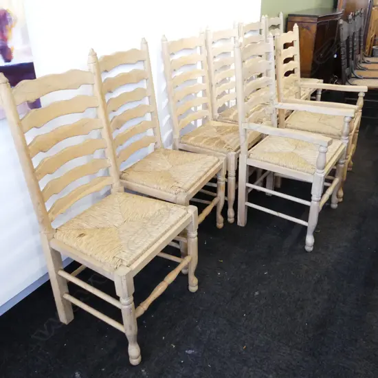 8 WHITE WASHED LADDER BACK CHAIRS - WOVEN SEAT