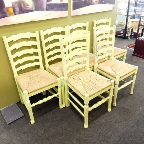 6 GREEN PAINTED LADDERBACK CHAIRS - WOVEN RUSH SEATS