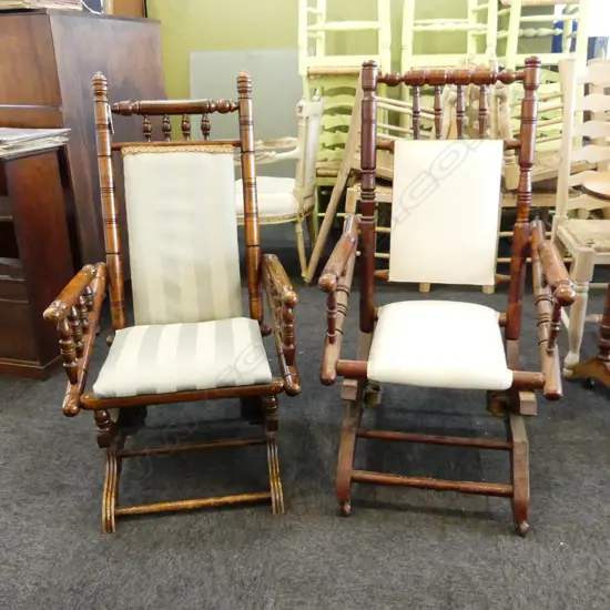 2 VICTORIAN PLATFORN ROCKING CHAIRS turned wood frame