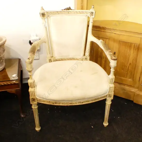 FRENCH STYLE UPHOLSTERED BERGERE ARMCHAIR - WHITE FABRIC SOILED